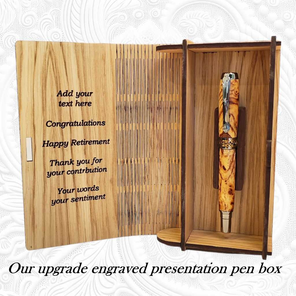 Handcrafted oak pen presentation box with walnut rests – personalised and made in Ireland
