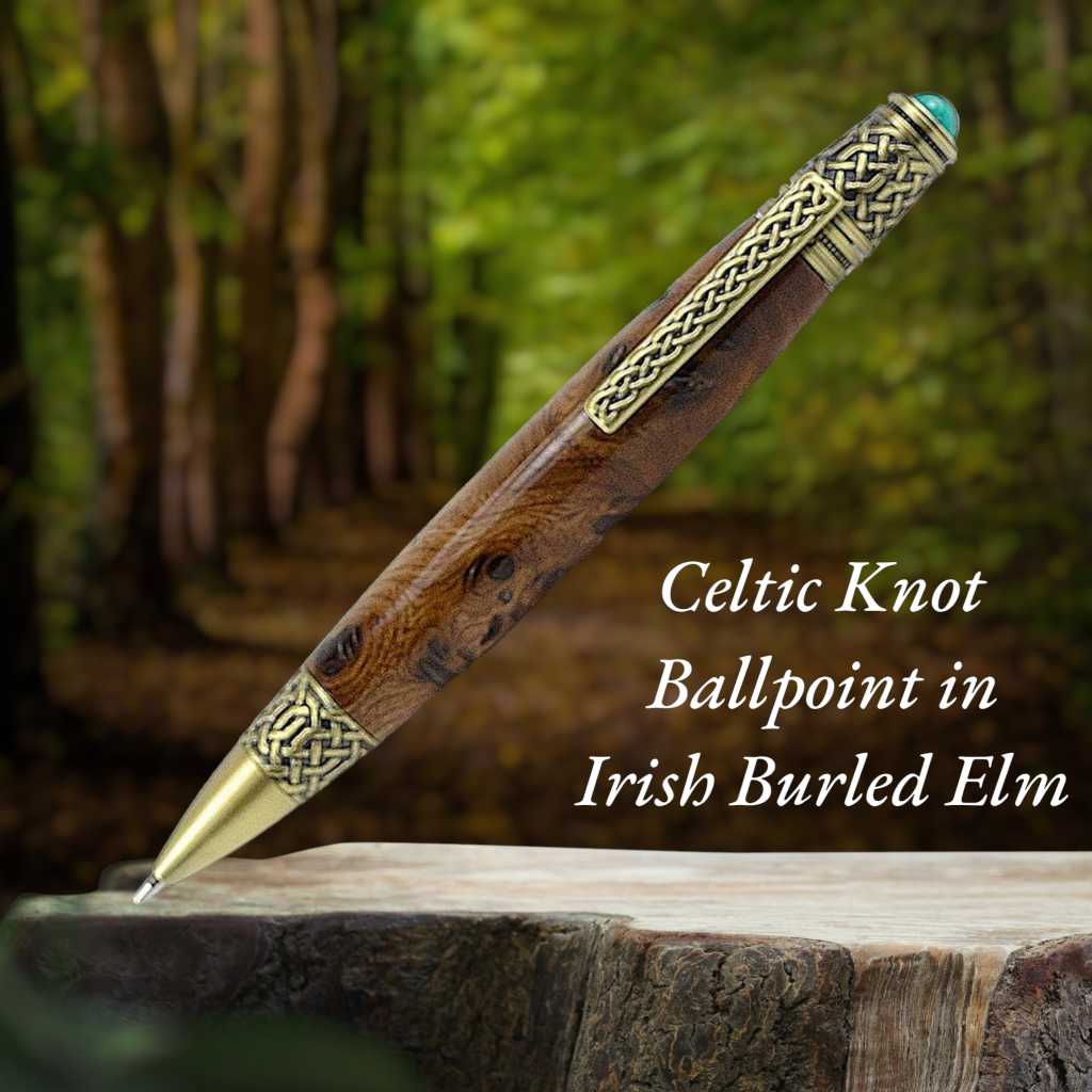 Handcrafted Celtic Knot pen made from rare Burled Irish Elm with antique brass detailing and emerald cabochon – presented in a luxury Irish pen case