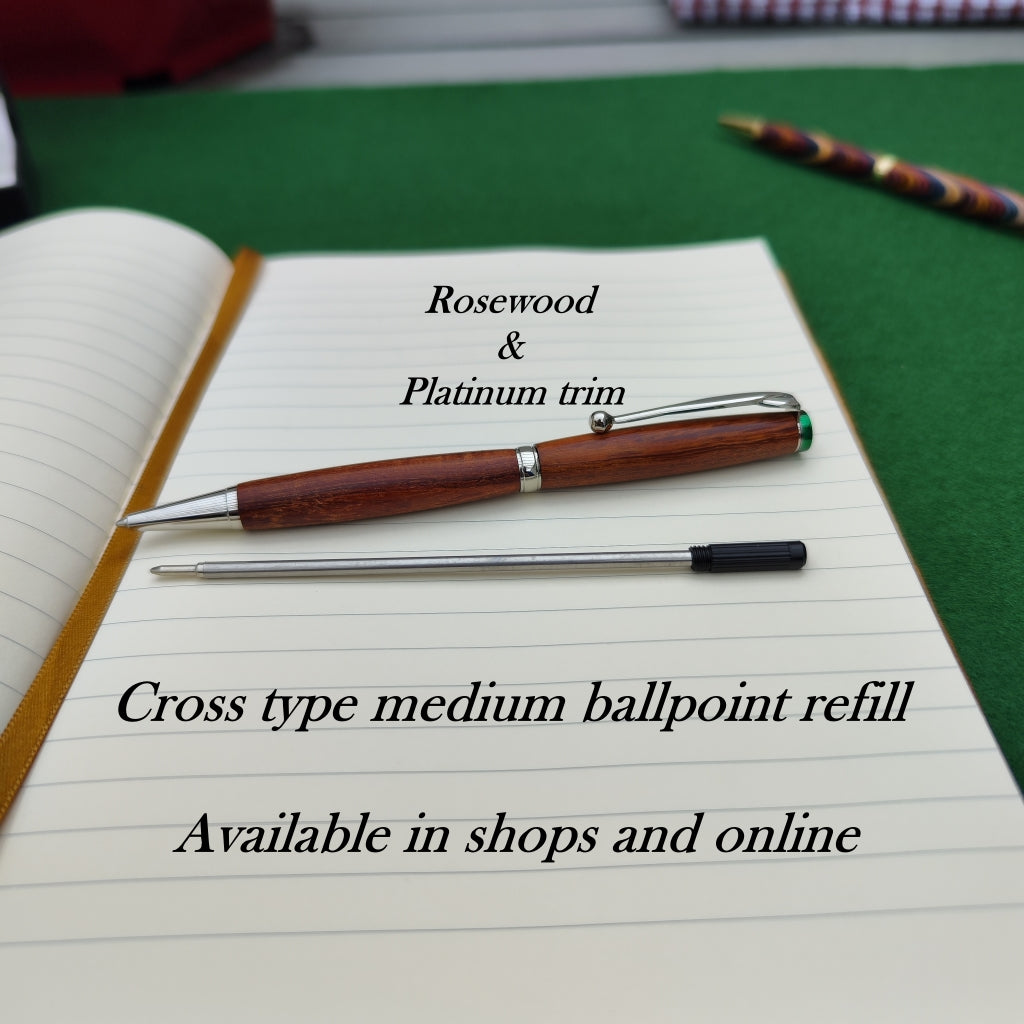 Eco-friendly rosewood CROSS type ballpoint pen with platinum finish – handmade in Ireland by Irish pens.