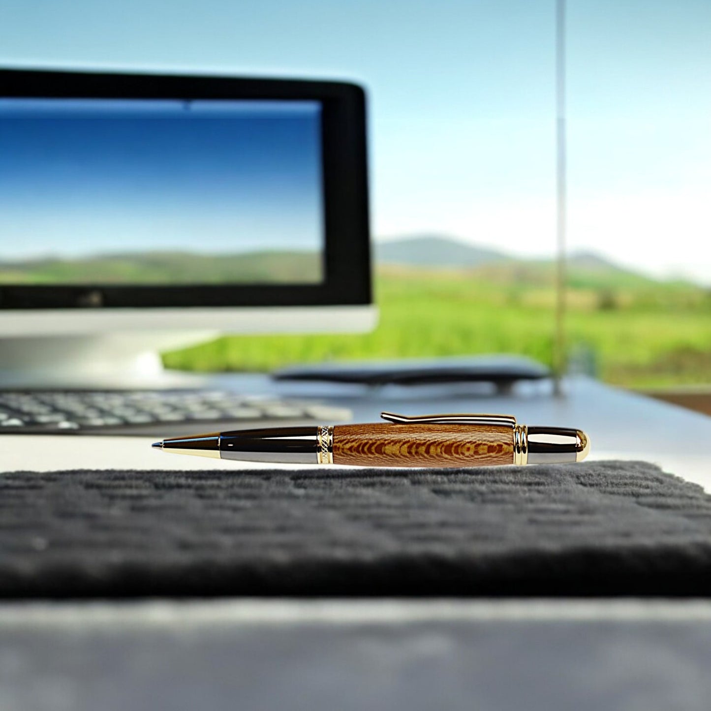 Handmade Irish ballpoint pen crafted from English Plane wood with Gold and Black Titanium trim – inspired by the Book of Kells"