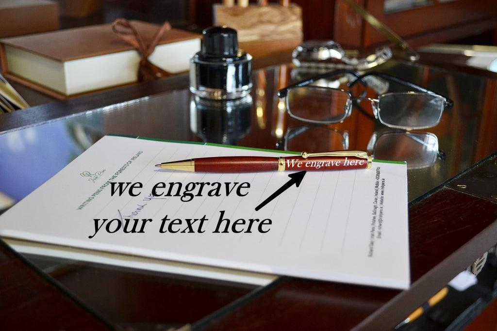 Handmade slim Rainbow wood ballpoint pen with bright gold trim from Irish Pens