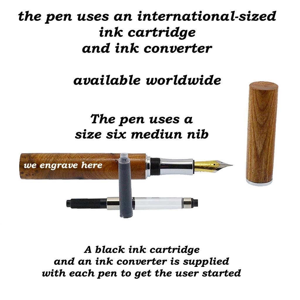 Feadán Fountain Pen – Handmade from rare Irish Burled Elm with Peter Bock size 6 nib, minimalist tubular design