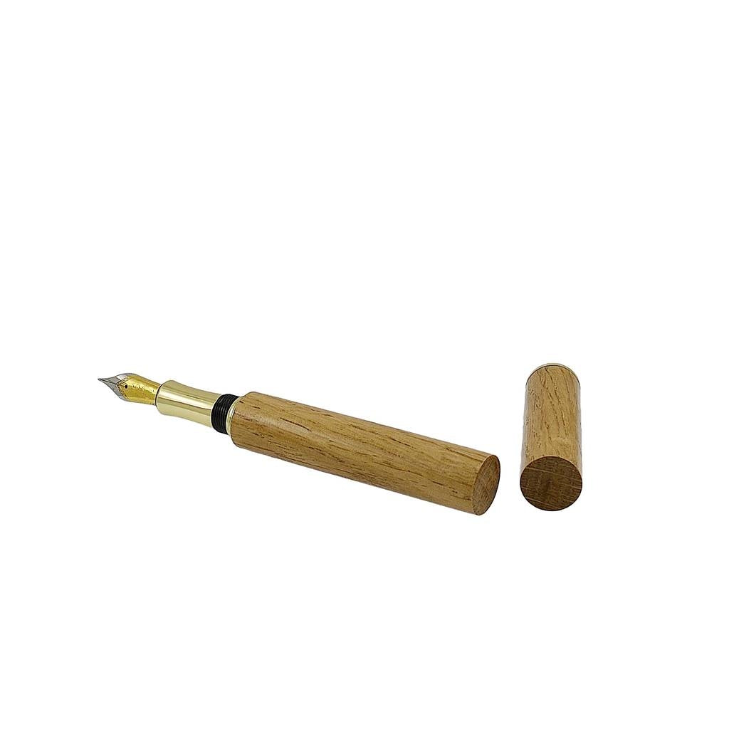 Feadán Fountain Pen – Handmade from Irish Whiskey Oak with Rhodium and Gold Trim, displayed uncapped beside presentation box