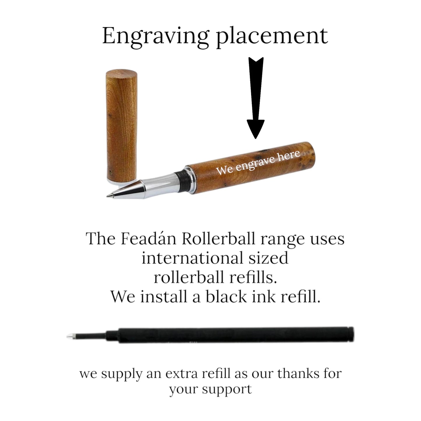Feadán Rollerball Pen Handmade from Irish Sessile Oak with Bright Chrome Trim – by Irish Pens