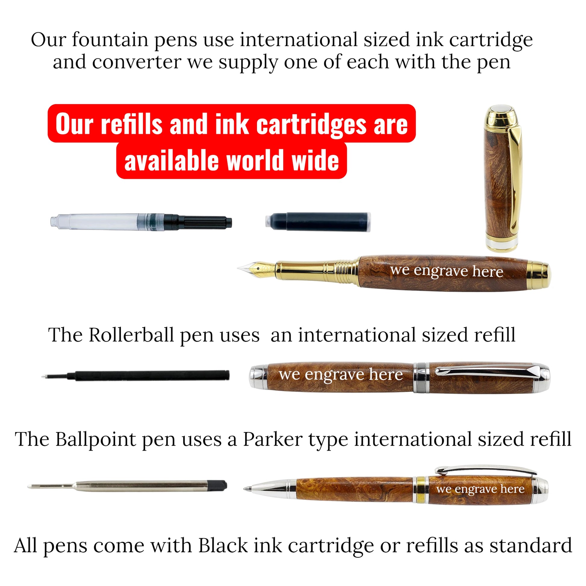 Woodland Gift Set – Irish Burled Elm & Bog Oak Fountain and Rollerball Pens with Rhodium and Gold Trim