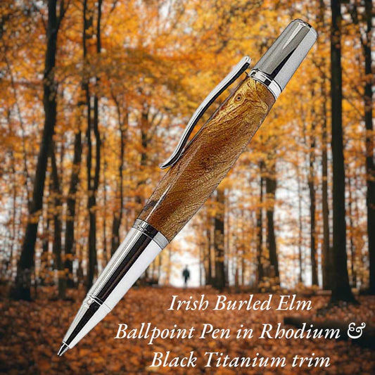 Grove Ballpoint Pen handcrafted from Burled Irish Elm with Rhodium and Black Titanium trim – Irish Pens handmade in Kells, Ireland