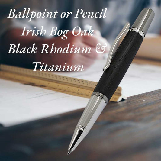 Grove Ballpoint Pen handcrafted from Irish Bog Oak with Rhodium & Black Titanium trim