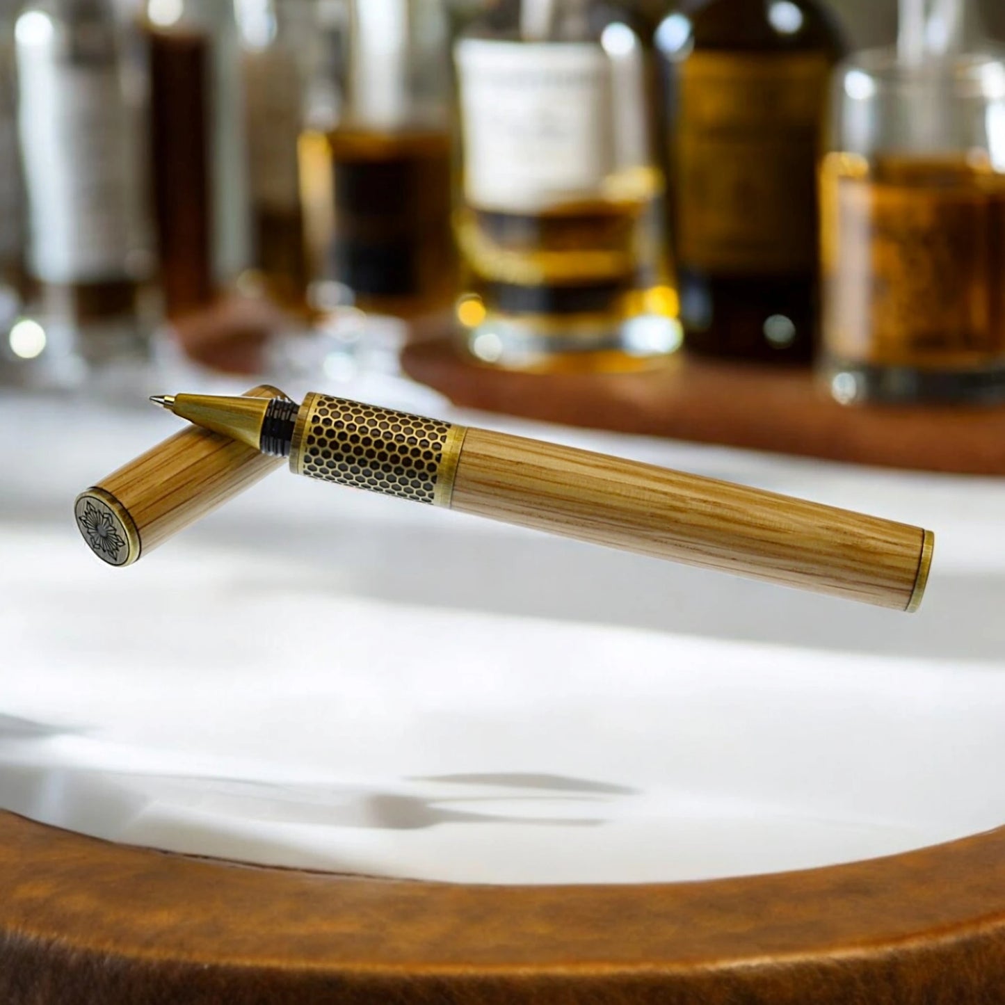 Handmade rollerball pen crafted from reclaimed oak barrel wood that once matured Irish whiskey at the renowned Midleton Distillery in County Cork, Ireland.