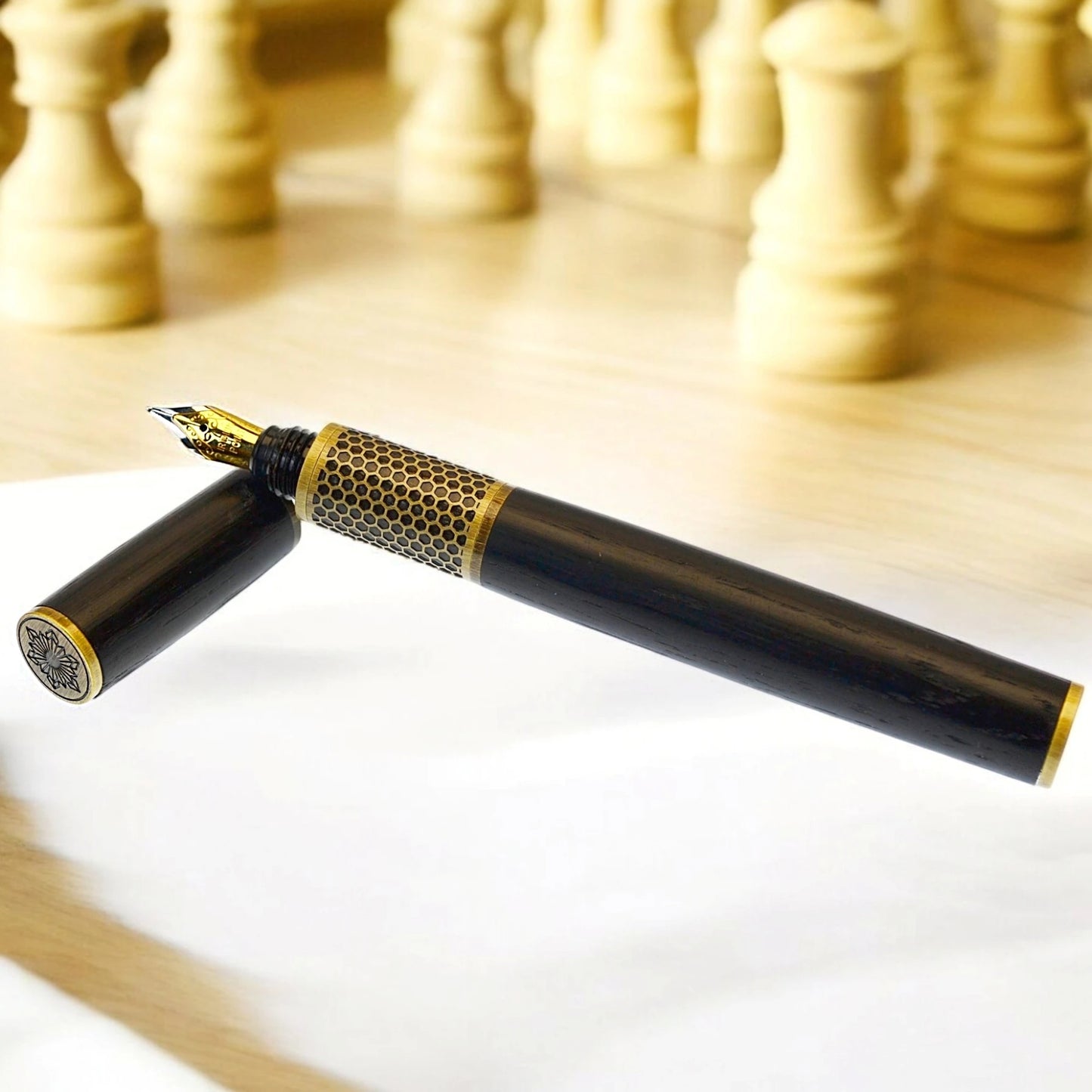 Hive Fountain Pen – Handmade from 5,000-Year-Old Irish Bog Oak with Antique Brass Trim