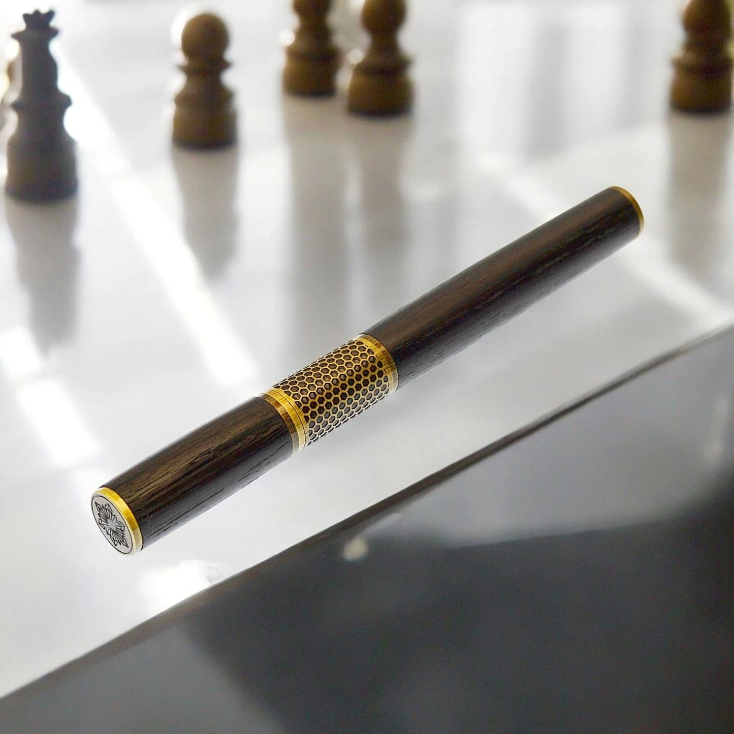 Hive Fountain Pen – Handmade from 5,000-Year-Old Irish Bog Oak with Antique Brass Trim