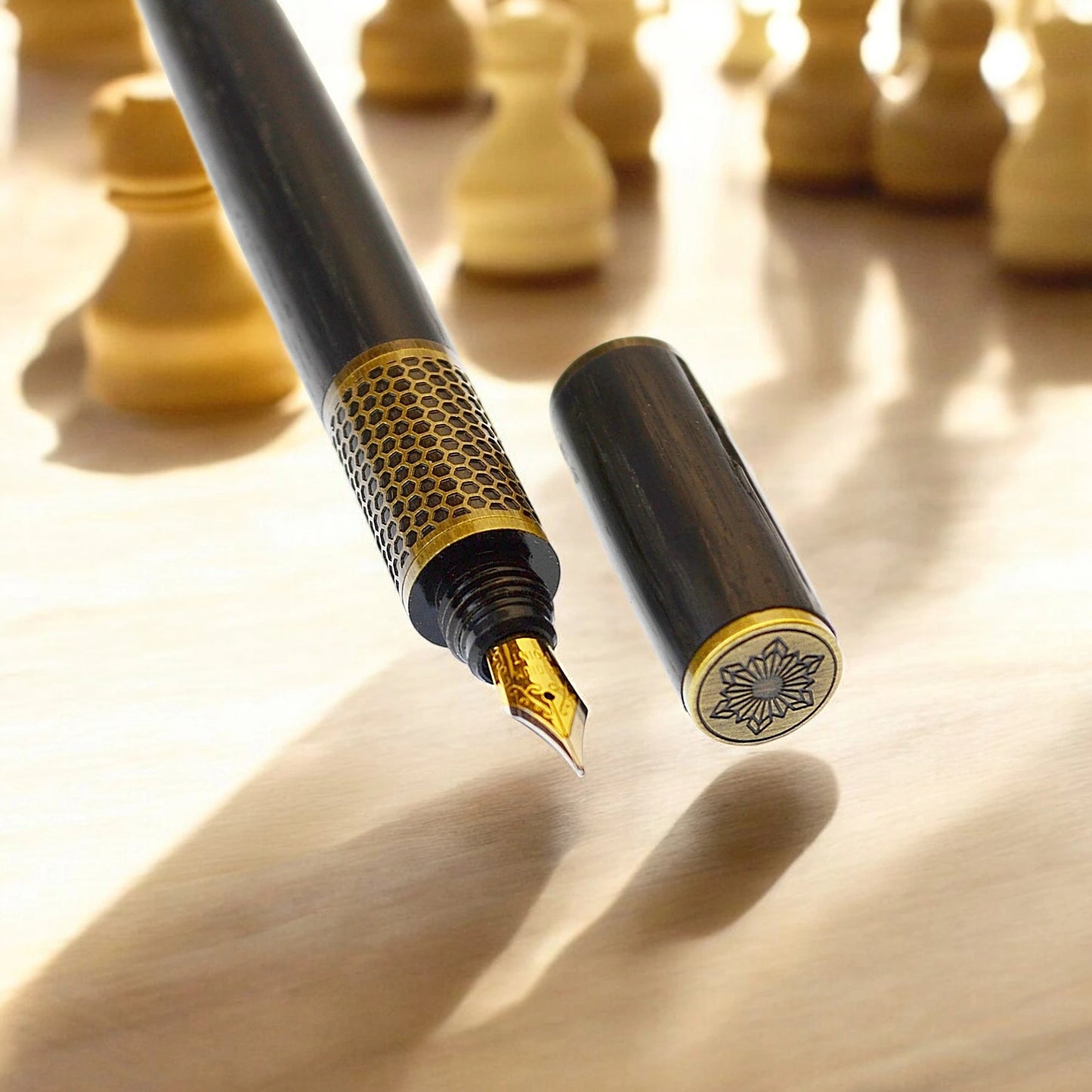 Hive Fountain Pen – Handmade from 5,000-Year-Old Irish Bog Oak with Antique Brass Trim