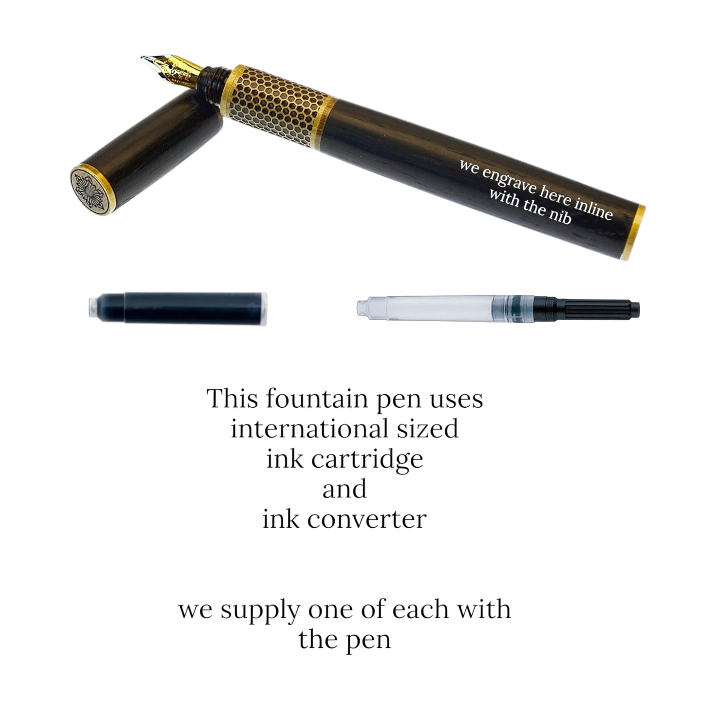 Hive Fountain Pen – Handmade from 5,000-Year-Old Irish Bog Oak with Antique Brass Trim