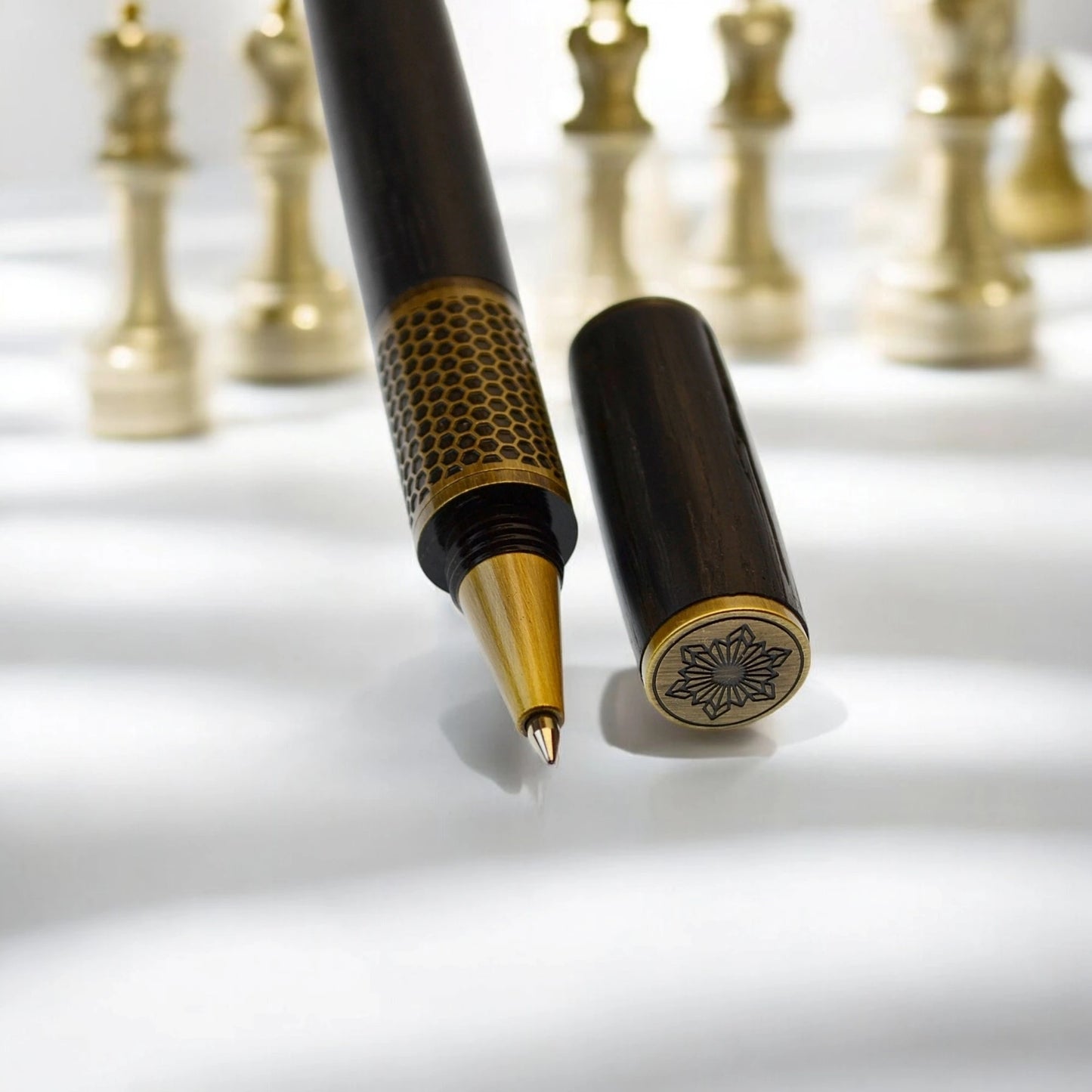 Handmade rollerball pen crafted in Ireland from ancient Irish bog oak, showcasing rich dark grain and traditional craftsmanship.