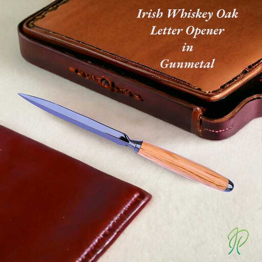 Handmade wooden letter opener with gold, chrome, or gunmetal trim from Irish Pens