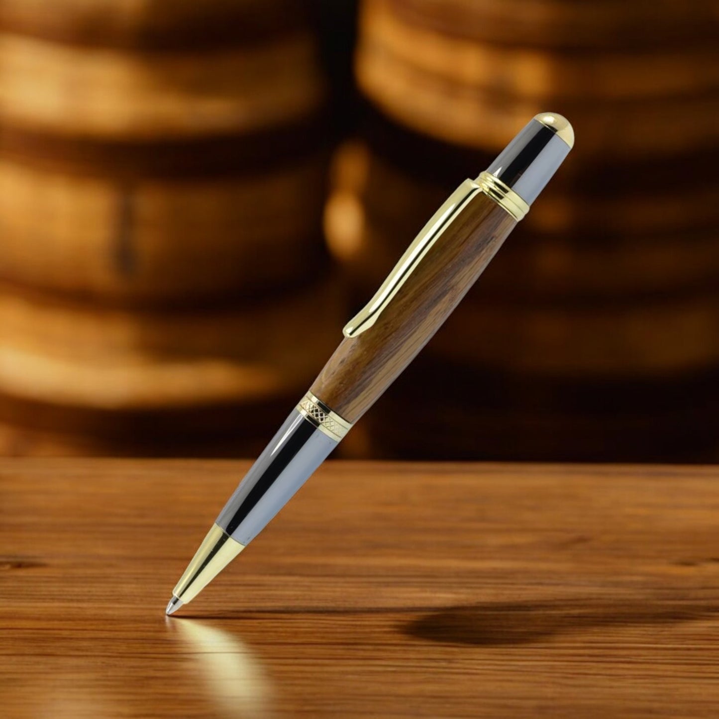 Handmade Irish ballpoint pen crafted from an original Midleton whiskey barrel with gold and black titanium trim – presented in a luxury gift case