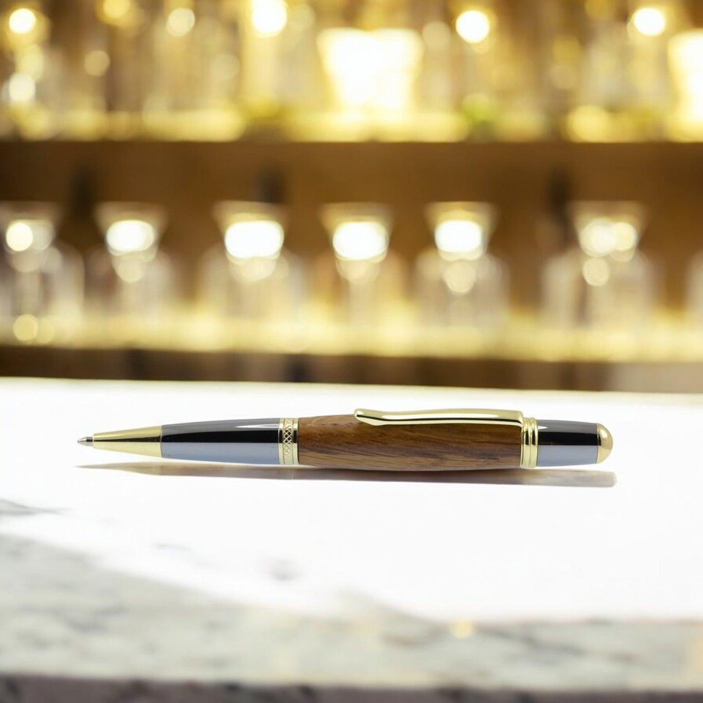 Handmade Irish ballpoint pen crafted from an original Midleton whiskey barrel with gold and black titanium trim – presented in a luxury gift case