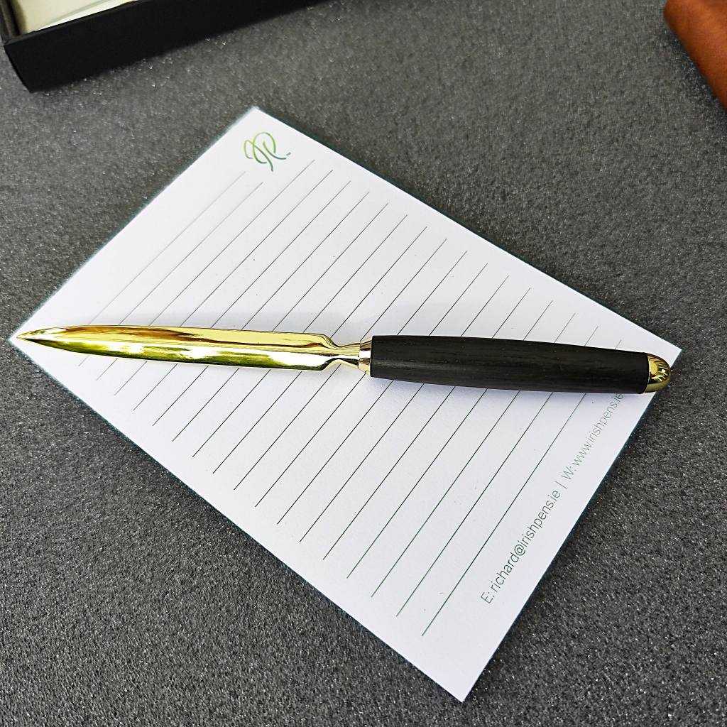Handmade wooden letter opener with gold, chrome, or gunmetal trim from Irish Pens