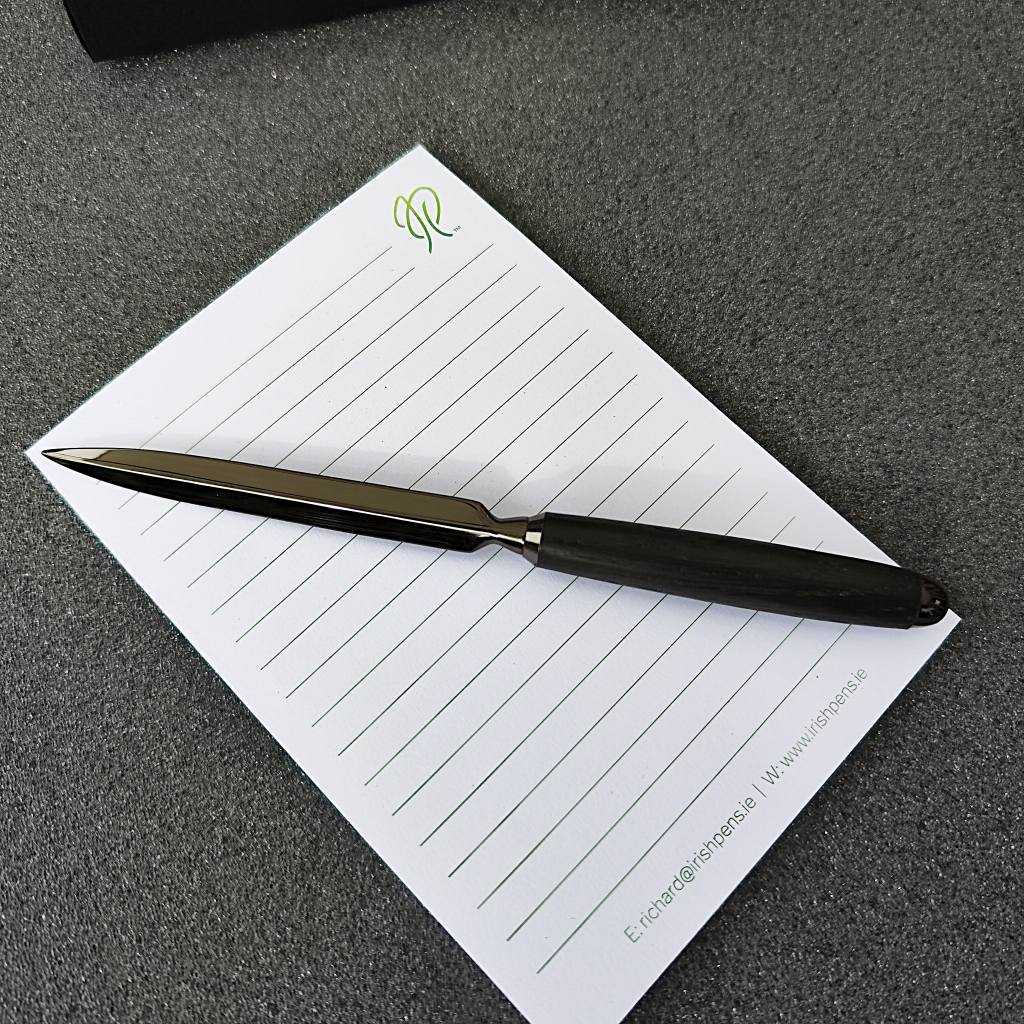 Handmade wooden letter opener with gold, chrome, or gunmetal trim from Irish Pens