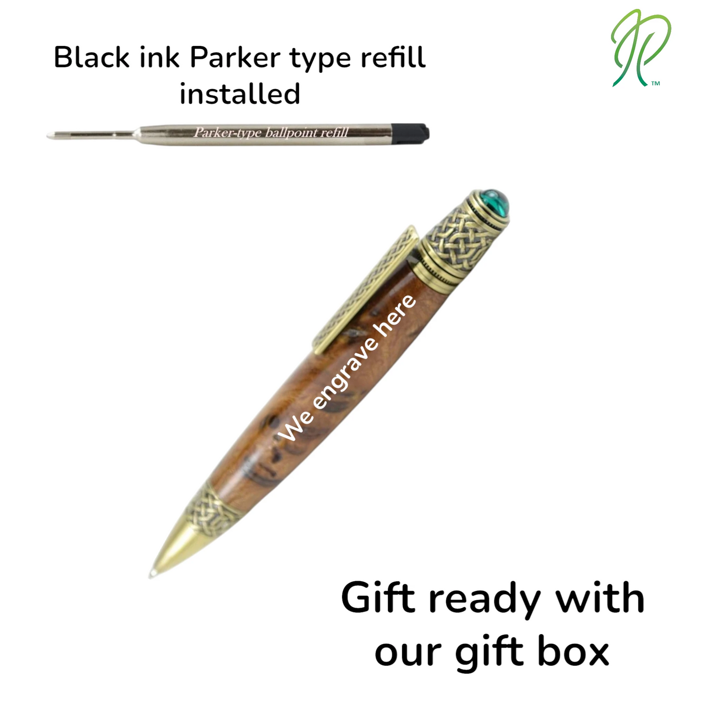 Emerald green Celtic Knot ballpoint pen with antique brass trim and cabochon