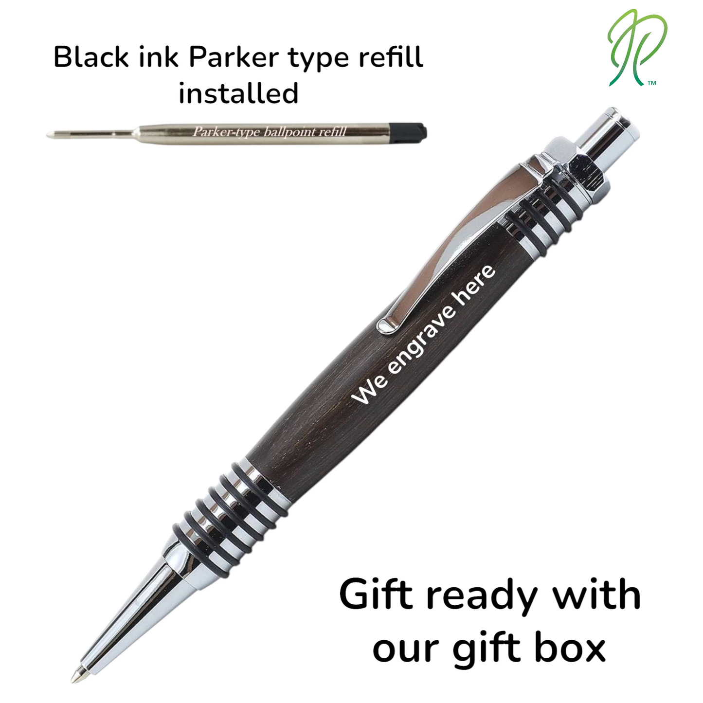 Handmade Irish Bog Oak ballpoint pen with O-ring grip and mechanical nut-style clicker – refillable and presented in a luxury gift box