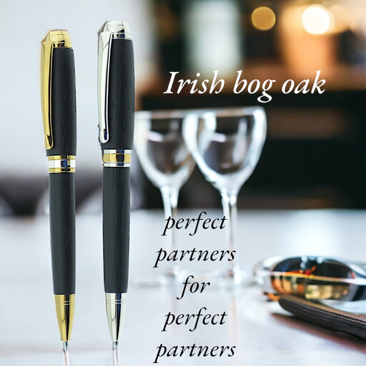 Irish Bog Oak Rhodium and Titanium ballpoint pen set
