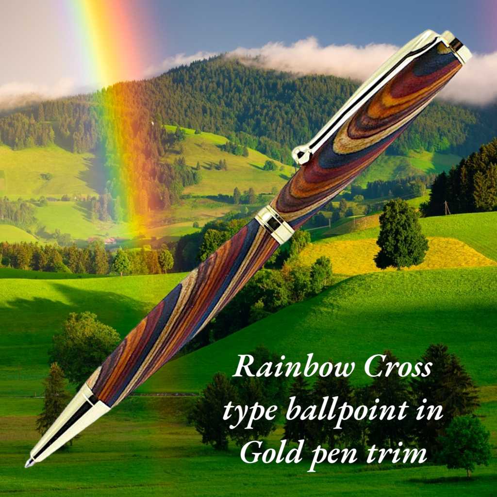 Handmade slim Rainbow wood ballpoint pen with bright gold trim from Irish Pens