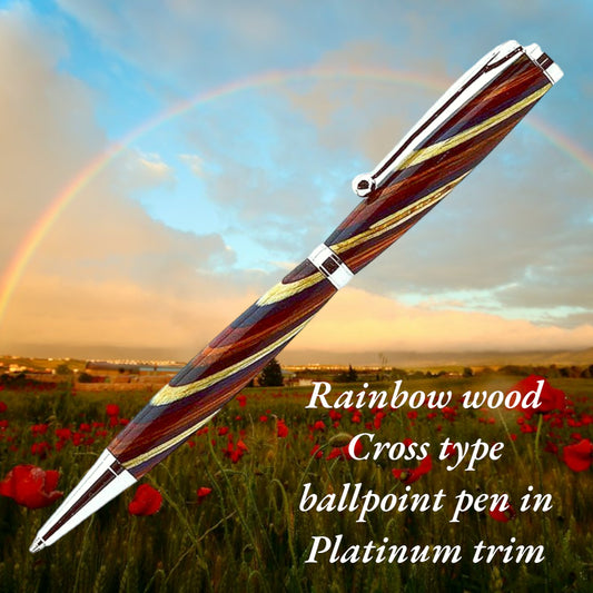 Handmade slim Rainbow wood ballpoint pen with platinum trim from Irish Pens