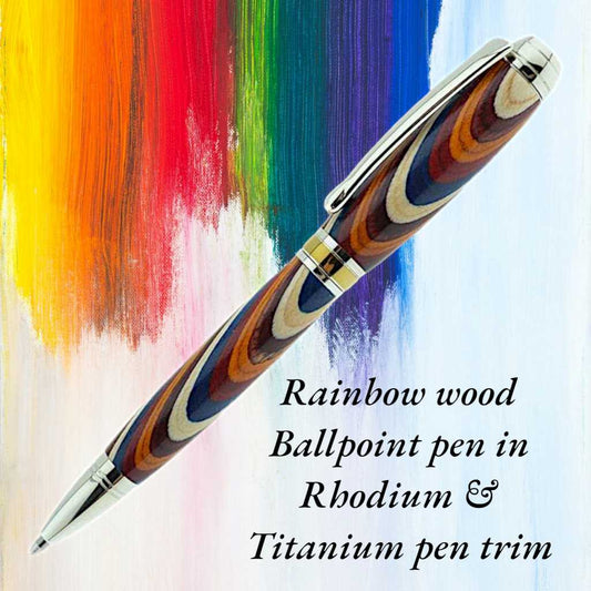 Vibrant Rainbow wood pen with gold accents – personalised Irish-made writing gift, Rainbow gift LGBTQ+ gift