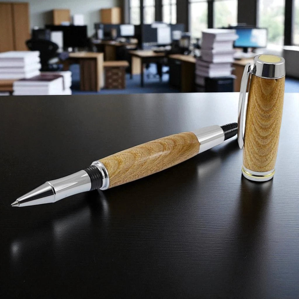 Shannon Rollerball Pen Handmade from Irish Burled Elm with Bright Chrome Trim – by Irish Pens