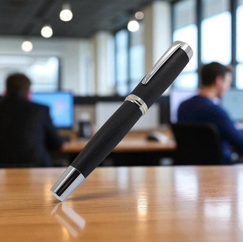 Handcrafted Irish Bog Oak Shannon Rollerball Pen with Black Chrome and Gold Trim – Made in Ireland