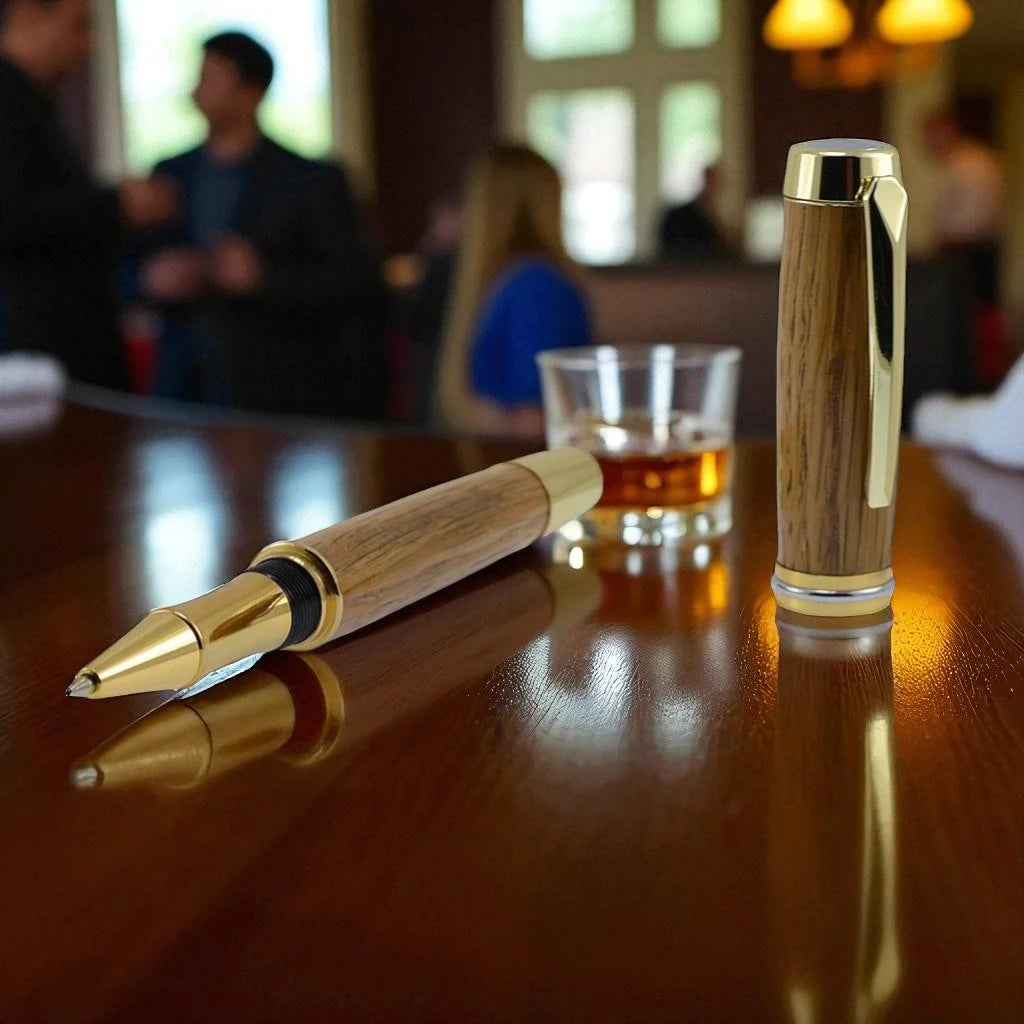 Shannon Rollerball Pen Handmade from Irish Whiskey Oak with Bright Gold Trim – by Irish Pens