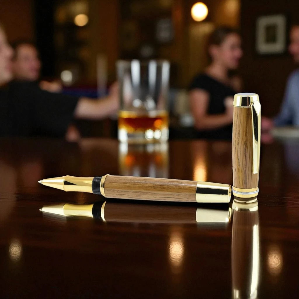 Shannon Rollerball Pen Handmade from Irish Whiskey Oak with Bright Gold Trim – by Irish Pens