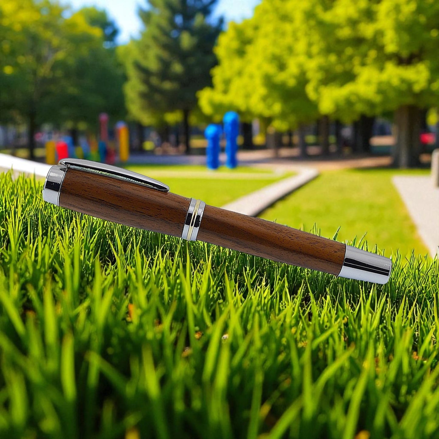 Irish Walnut rollerball pen in bright chrome handmade in Ireland by Irish Pens