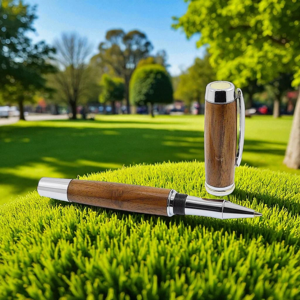 Irish Walnut rollerball pen in bright chrome handmade in Ireland by Irish Pens