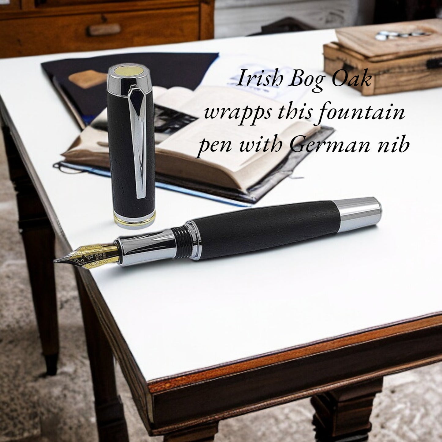 Exquisite, handcrafted wooden pen featuring rich, natural grain patterns and a smooth, polished finish, perfect for adding a touch of elegance to any writing experience, by Irish Pens