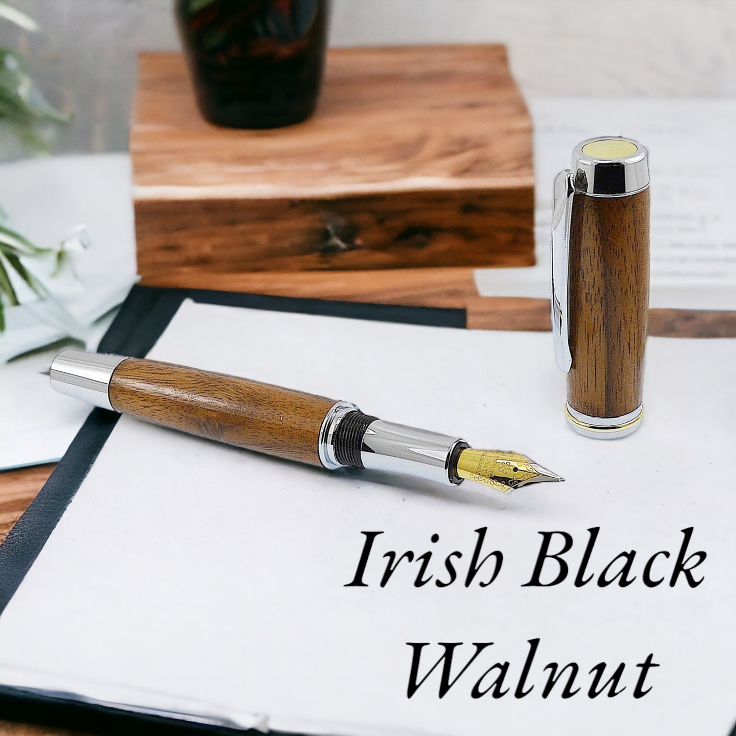 Exquisite, handcrafted wooden pen featuring rich, natural grain patterns and a smooth, polished finish, perfect for adding a touch of elegance to any writing experience, by Irish Pens
