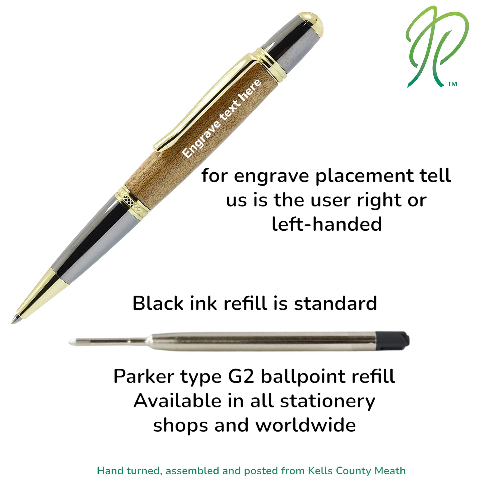 Handmade Irish ballpoint pen crafted from an original Midleton whiskey barrel with gold and black titanium trim – presented in a luxury gift case