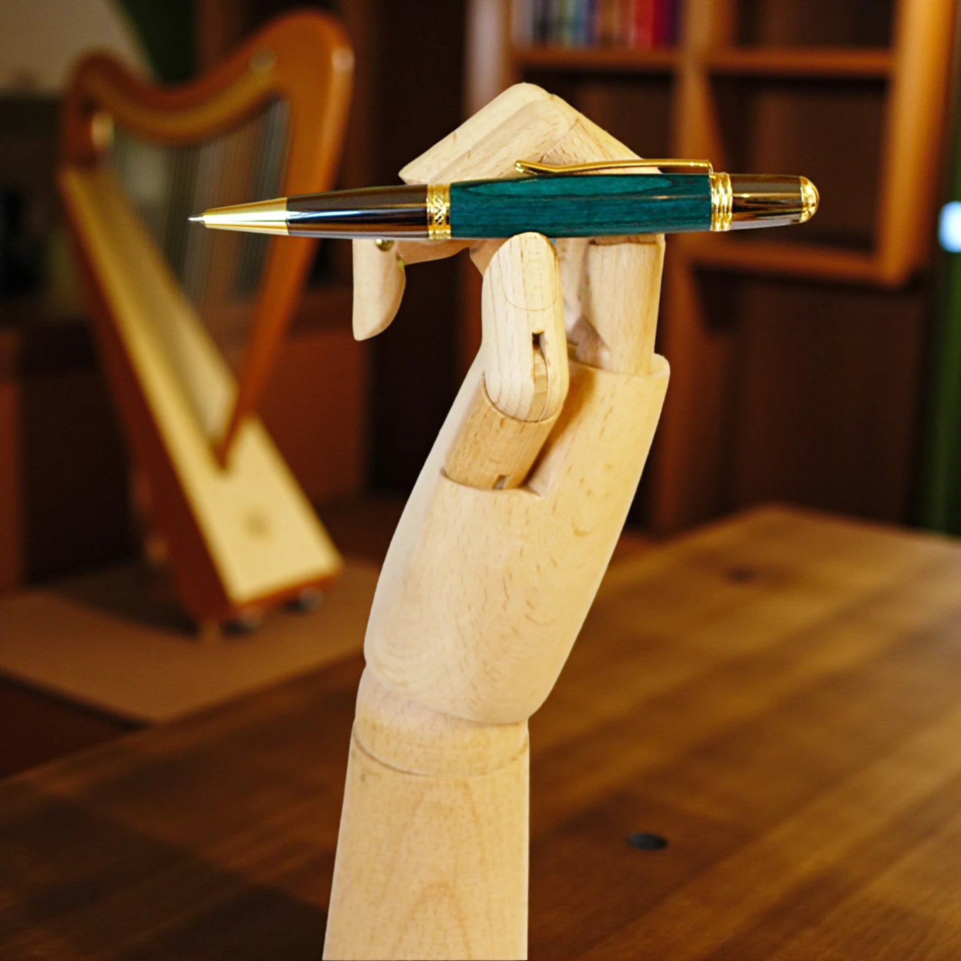 Emerald Green Laminated Wood Sheelin Pen with Black and Gold Titanium Trim – Handmade in Kells, Ireland