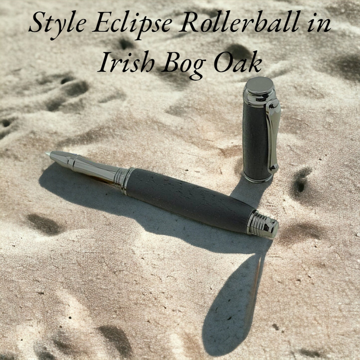 Handcrafted Irish Bog Oak Eclipse Rollerball Pen with Black Chrome Trim – Made in Ireland