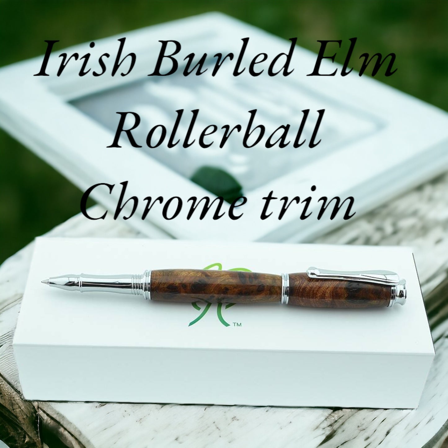 Handmade Irish Rollerball Pen made from Burled Elm with Bright Chrome Trim – a one-of-a-kind heritage gift