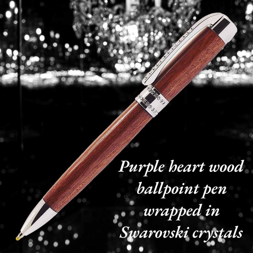 Handmade Purple Heartwood ballpoint pen with chrome trim and 52 Swarovski crystals from Irish Pens