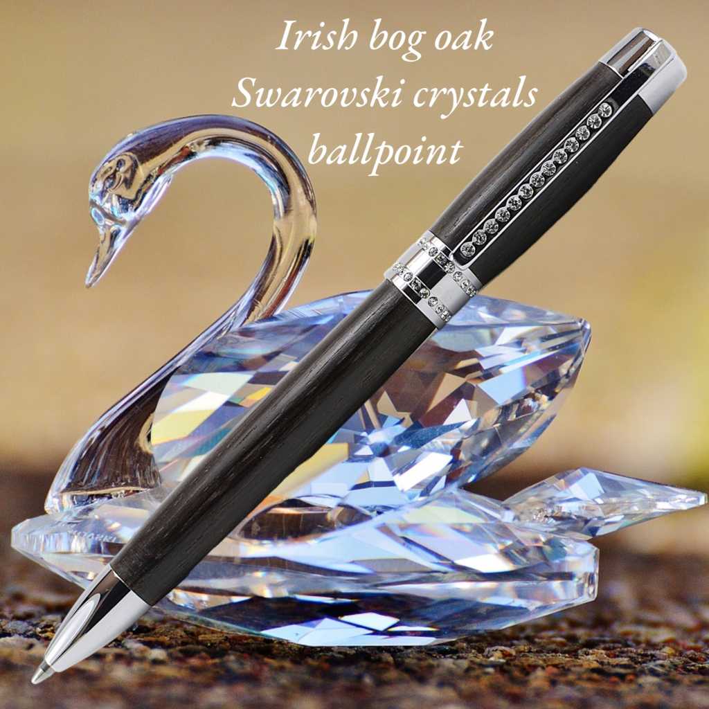 Irish Bog Oak ballpoint pen with chrome trim and 52 Swarovski crystals handmade by Irish Pens