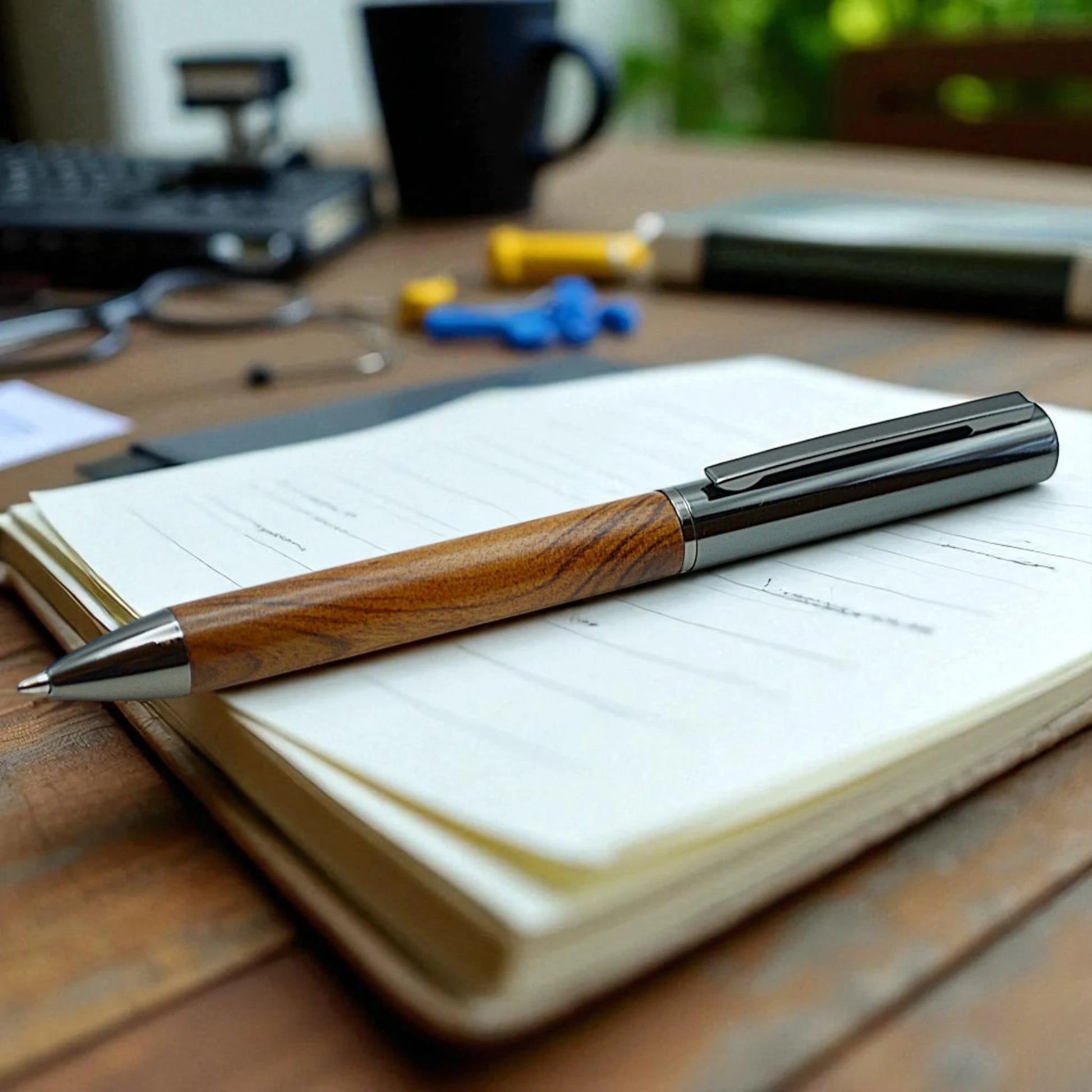 Close-up of Rosewood Noir Ballpoint Pen barrel showing walnut grain and black chrome trim