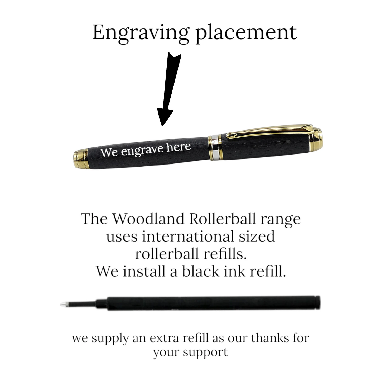 Woodland Rollerball Pen Handmade from Irish Burled Elm with Rhodium and Black Titanium Trim – by Irish Pens