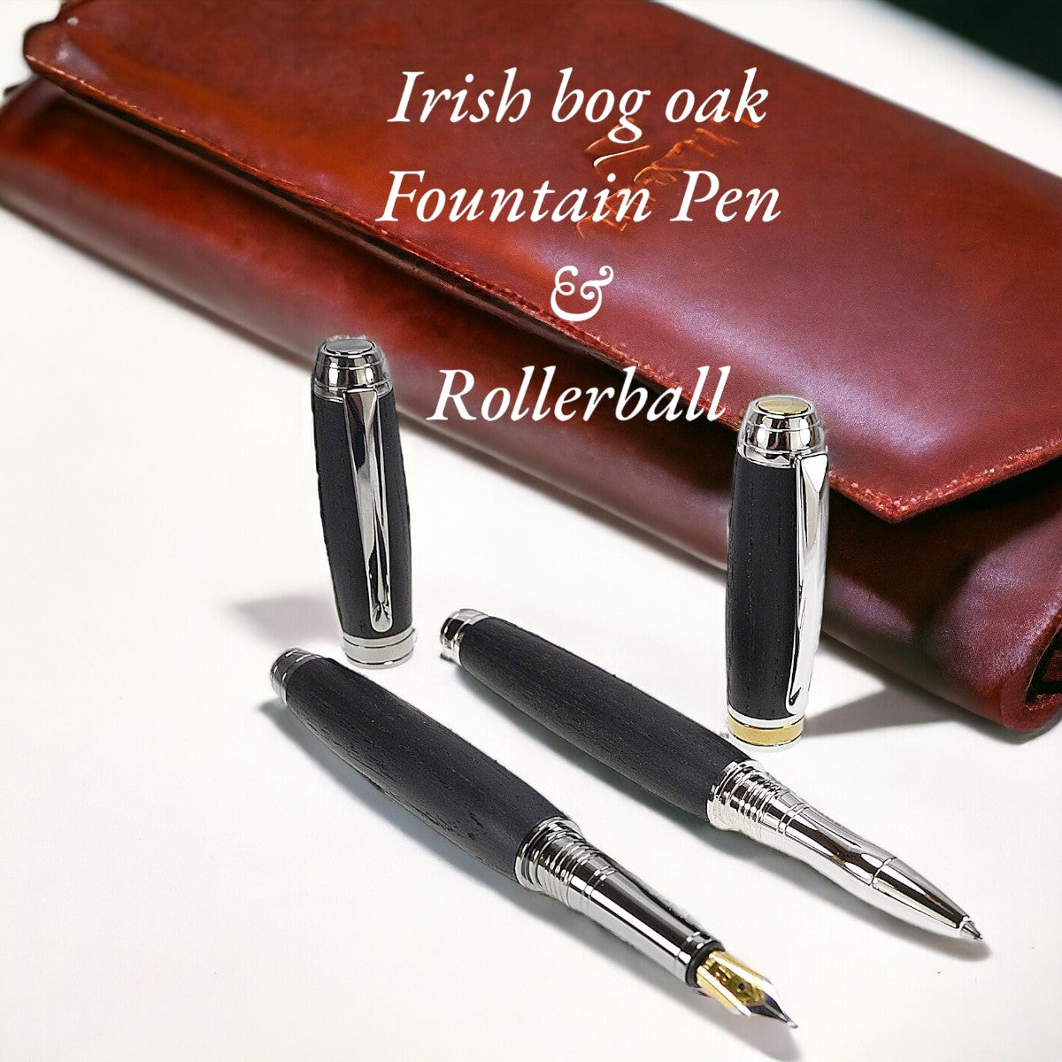 Woodland Gift Set – Bog Oak Eclipse Fountain Pen and Rhodium Rollerball Pen with Gold Titanium Trim