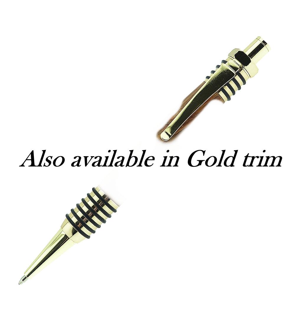 Handmade Irish Bog Oak ballpoint pen with O-ring grip and mechanical nut-style clicker – refillable and presented in a luxury gift box