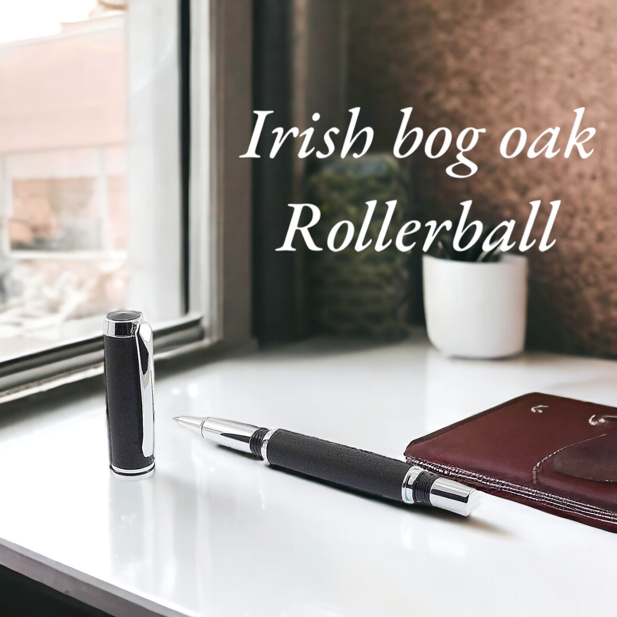 Handmade Irish Bog Oak Rollerball Pen with bright chrome and black trim – a timeless gift of Irish heritage