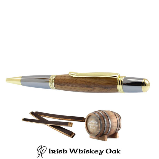 Handmade Irish ballpoint pen crafted from an original Midleton whiskey barrel with gold and black titanium trim – presented in a luxury gift case