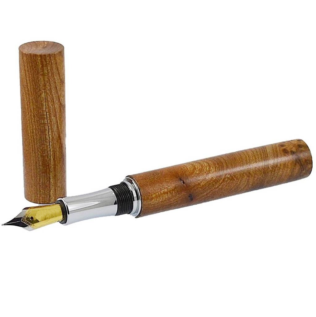 Feadán Fountain Pen – Handmade from rare Irish Burled Elm with Peter Bock size 6 nib, minimalist tubular design