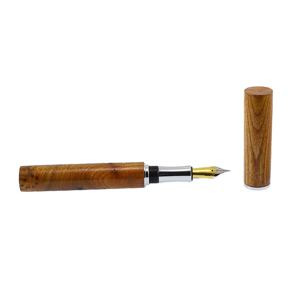 Feadán Fountain Pen – Handmade from rare Irish Burled Elm with Peter Bock size 6 nib, minimalist tubular design